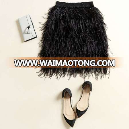 The ostrich hair The skirt fashion summer short black elastic waist feather skirt Skirt Women Clothing Wholesale